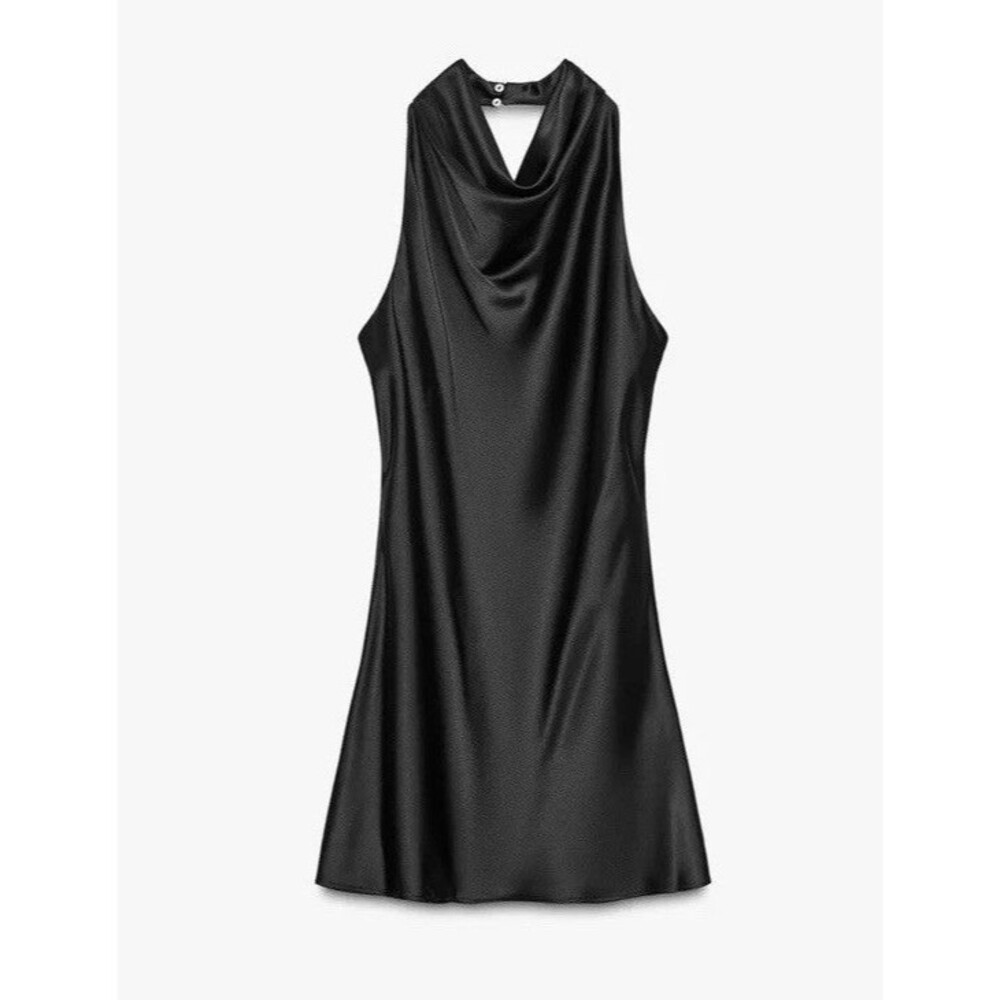 ZARA Short Satin Effect Dress Black High Neck Open Back NWT Size Medium 8561/399